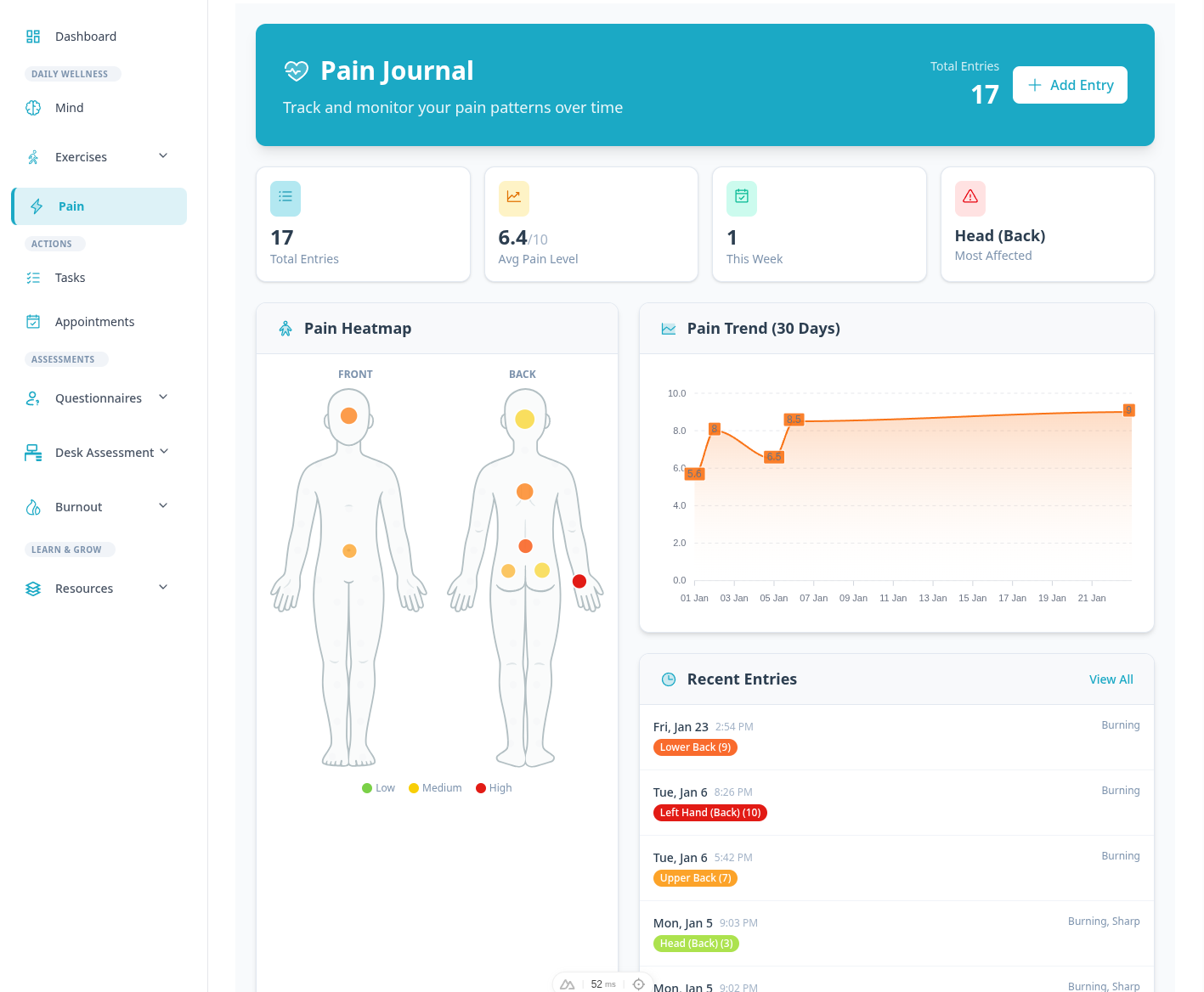 Pain Journal Screenshot